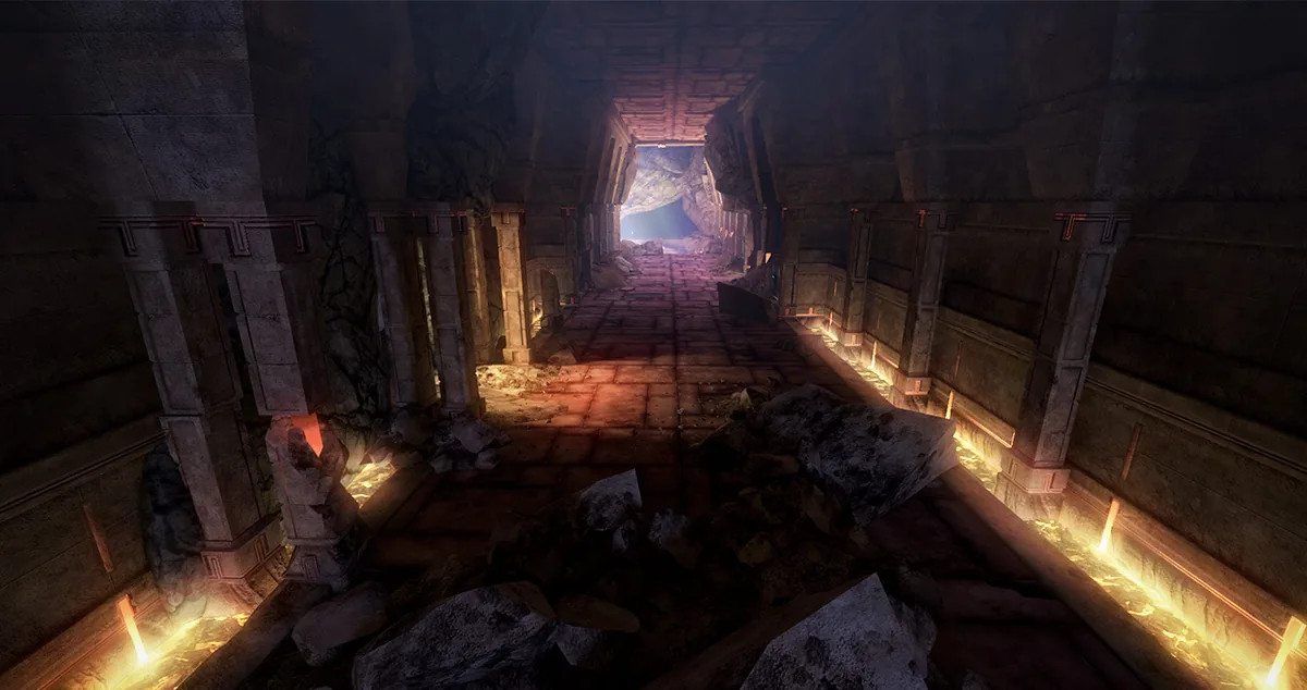 A deep road lit by channels of fire